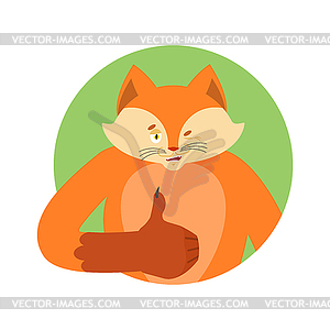 Fox thumbs up and winks. Wild beast happy emoji. - vector clipart