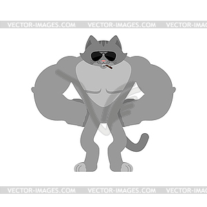 Cat Strong Cool serious. Pet smoking cigar emoji. - vector image