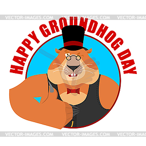 Groundhog day emblem. Groundhog in hat thumbs up an - vector clipart