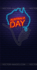 Australia Day. Neon sign on brick wall. Map of - color vector clipart