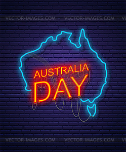 День Австралии. Неоновый знак на кирпичной стене. Карта - графика в векторном формате
