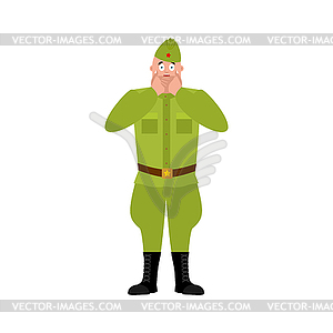 Soviet soldier scared OMG. Retro Russian warrior - vector clip art