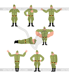 Soviet soldier set poses. Retro Russian warrior - vector image