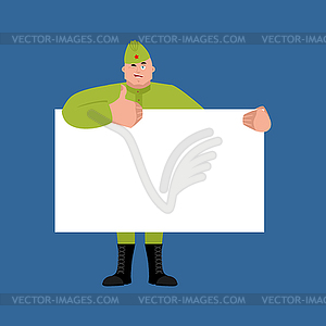 Soviet soldier holding banner blank.Retro Russian - vector clipart