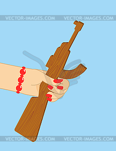 February 23. Woman hand giving Wood gun toy. - vector clip art