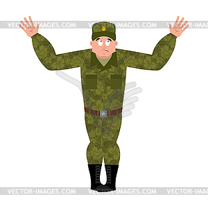 Russian soldier confused oops. Warrior perplexed - vector clipart