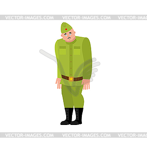 Soviet soldier sad. Retro Russian warrior sorrowful - vector image