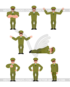 Russian Officer set poses. Soldier happy and yoga. - vector clipart / vector image