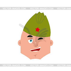 Soviet soldier wink emoji. Retro Russian warrior - vector clip art