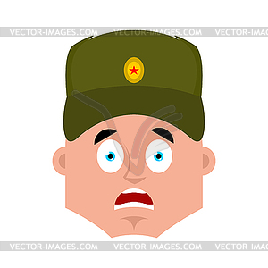 Russian soldier scared OMG emoji. Warrior Oh my - vector image