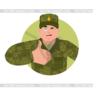 Russian soldier thumbs up and winks. Warrior - royalty-free vector clipart