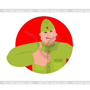 Soviet soldier thumbs up and winks. Retro Russian - vector clipart