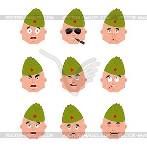 Soviet soldier set emoji avatar. sad and angry face - vector clip art