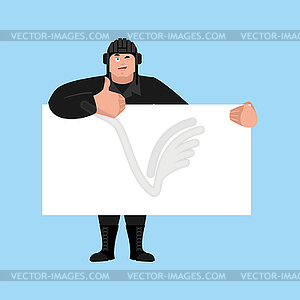 Tankman holding banner blank. Russian soldier and - vector image