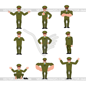 Russian Officer set poses and motion. Soldier - vector clip art