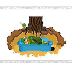 Leprechaun sleeps on couch in hole under ground. - vector image
