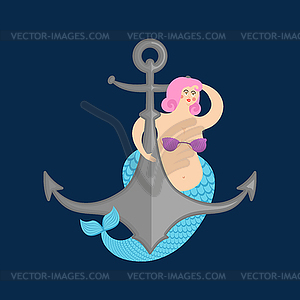 Mermaid and anchor. Mythical sea woman with fish - vector image