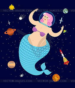 Mermaid In space. Mythical sea woman in astronaut - vector clip art