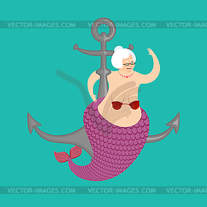 Old Mermaid and anchor. Mythical underwater - vector clipart