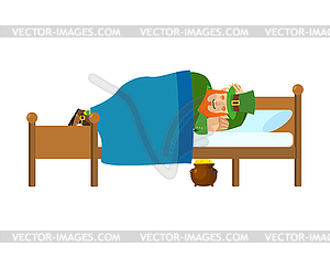 Leprechaun sleeps on bed. pot of gold. dwarf for - vector clipart
