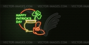 St Patricks Day Neon sign and green brick wall. - vector clipart