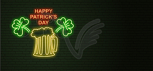 Patricks Day Neon sign and green brick wall. - vector clip art