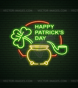 Patricks Day Neon sign and green brick wall. - vector image