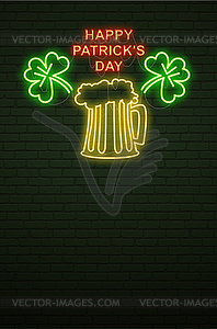 Patricks Day Neon sign and green brick wall. - vector clipart