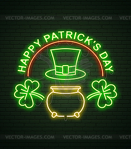 St Patricks Day Neon sign and green brick wall. - vector clipart