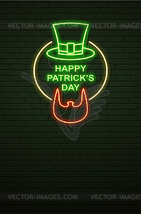 Patricks Day Neon sign and green brick wall. Irish - vector clipart