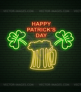 Patricks Day Neon sign and green brick wall. - vector clip art