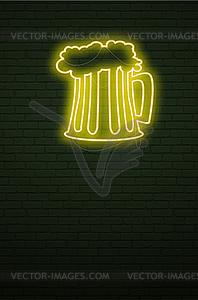 Mug of beer Neon sign and green brick wall. - vector clipart