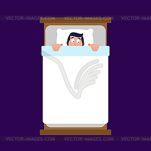 Man under blanket is afraid. Fear in bed - vector clipart