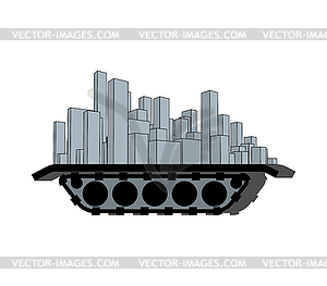 Mobile city. town on wheels. Skyscraper and house. - vector image