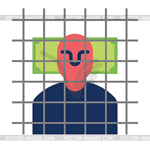Bribe taker in prison. Man in Prison bars and money - vector clip art