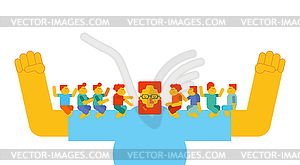 Dad holds children in his arms. Kids are sitting - vector image