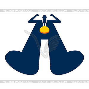 Champion with medal. Bottom view. Winner. First - vector clipart