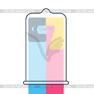 Protected sex. Condom. Man and woman are kissing. - vector image