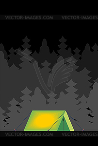 Tent in forest at night inside light . Camp booth. - vector clip art
