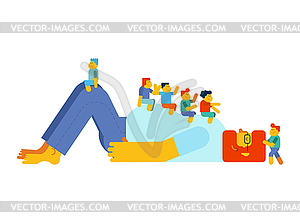 Dad plays with children. Kids sitting on their - vector image