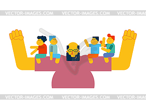 Dad holds children in his arms. Kids are sitting - vector clip art