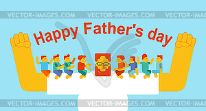 Father`s Day. Dad holds children in his arms. Kids - vector clipart