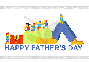 Father`s Day. Dad plays with children. Kids - vector image