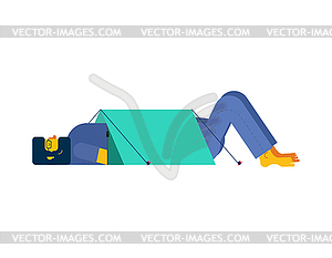 Hike. Sticking out head and legs of tent. camping - vector clip art