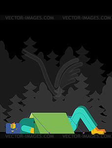 Hike at night. Sticking out head and legs of tent. - vector clip art