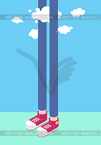 Long legs man and clouds. Tall man. Sneakers - vector clip art