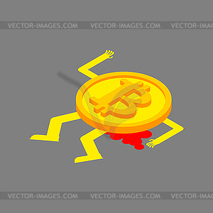 Dead bitcoin. Corpse of crypto currency Crime scene - vector image