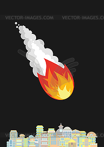 Meteorite and city. Fiery ball flies to town - vector image