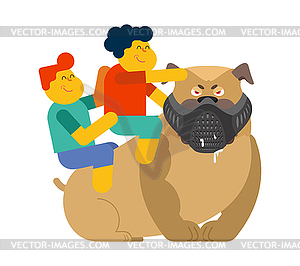 Kids sitting on dog. Children playing with pet - vector image