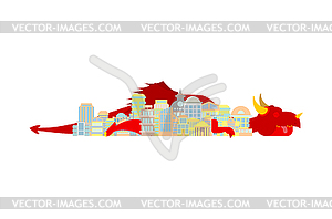 Dragon sleeps in city. Mythical monster in town - vector clipart